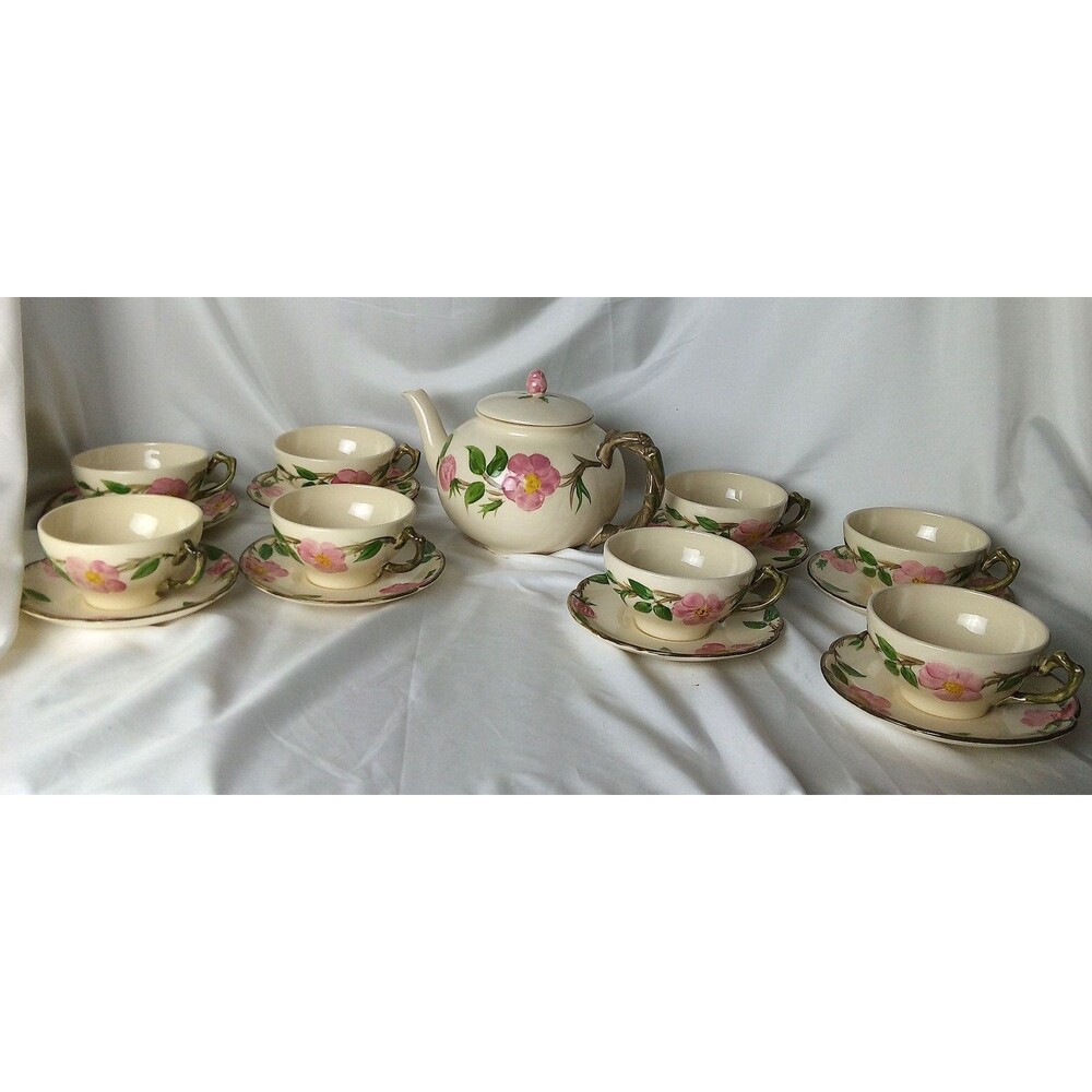 FRANCISCAN DESERT ROSE TEAPOT (ENGLAND) WITH 8 CUPS/SAUCERS (CALIFORNIA)